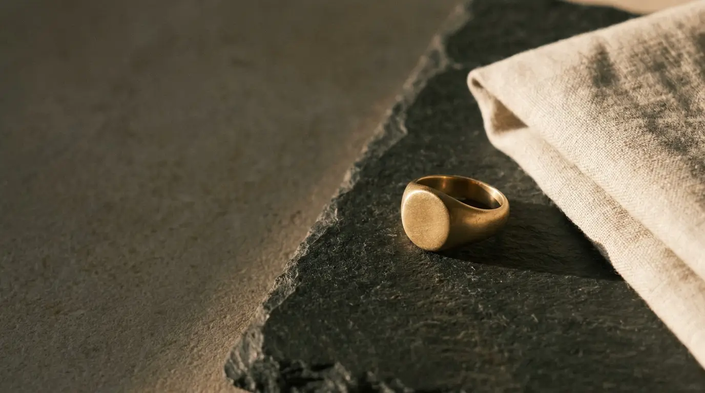Gold signet ring on dark stone surface with folded beige fabric nearby