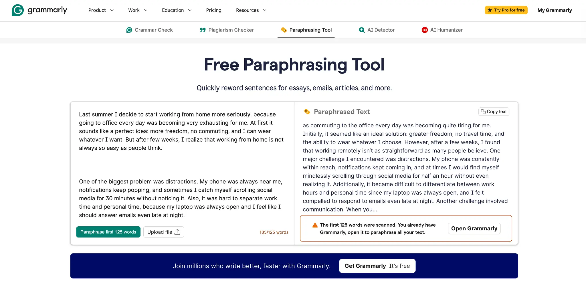 Online paraphrasing tool interface with original and paraphrased text sections side by side