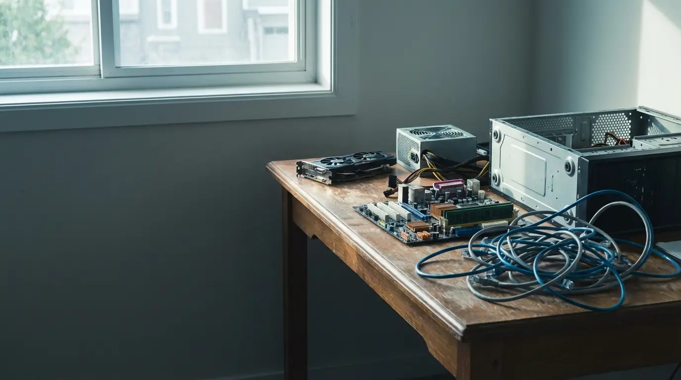 Computer components and cables on wooden desk near window in a dimly lit room