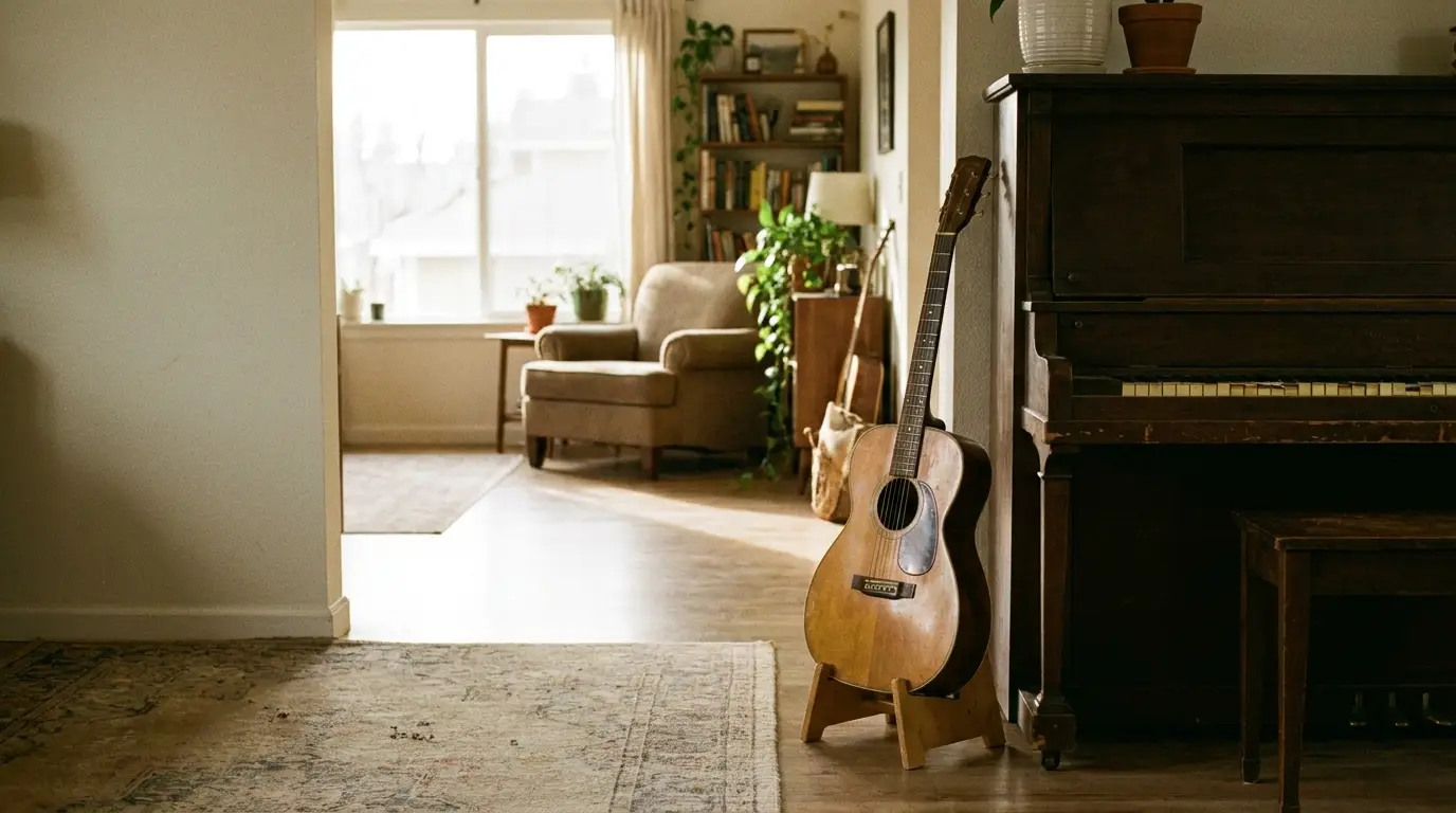 Acoustic guitar leaning against vintage piano in cozy living room with plants and soft lighting