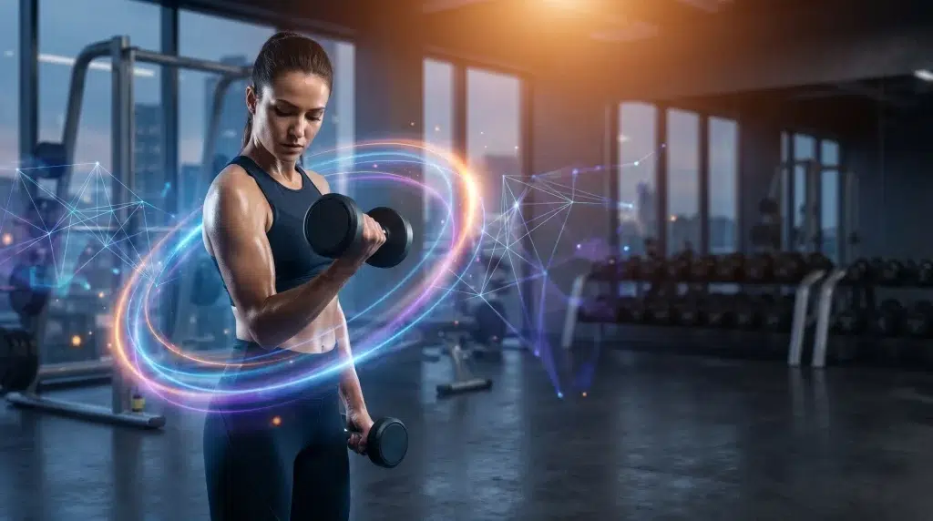 Person lifting dumbbells in modern gym with glowing digital effects and large windows