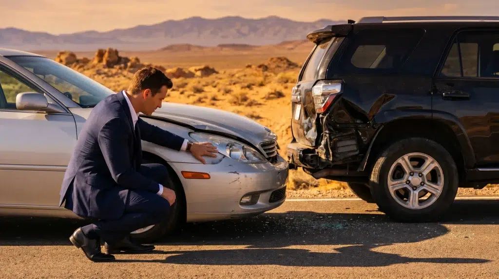 Man in a suit inspecting car damage after collision on desert road with mountains in background