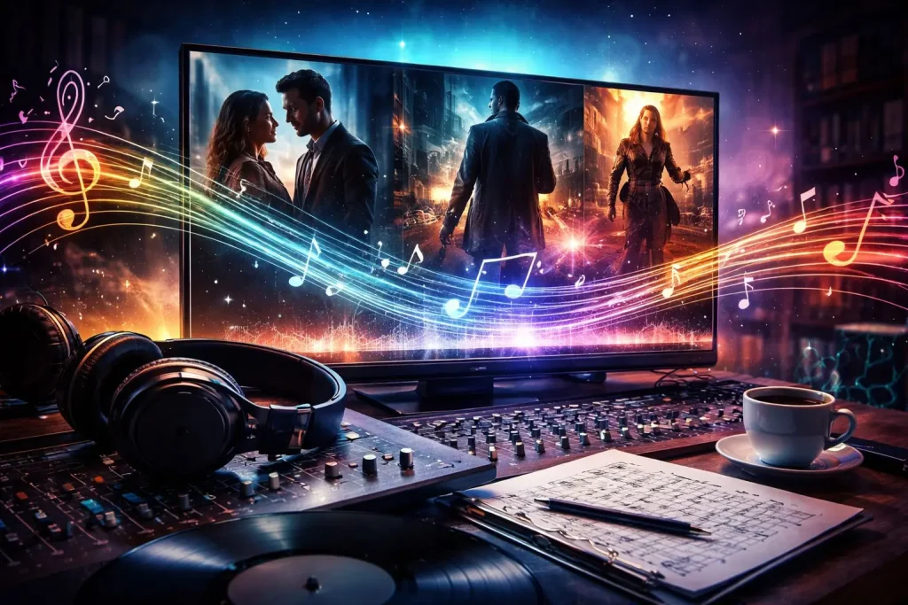Television displaying movie scenes with musical notes, headphones, and coffee on a desk