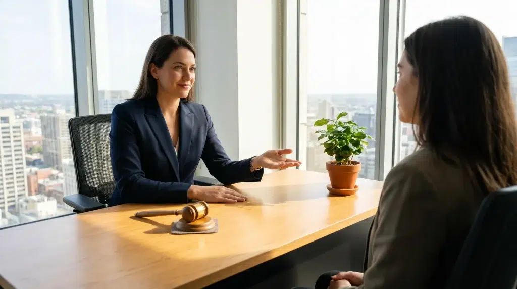 Woman in suit gesturing during meeting at office desk with gavel and potted plant