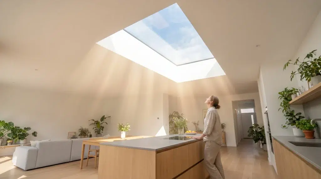 Woman standing in sunlit modern kitchen with skylight and indoor plants
