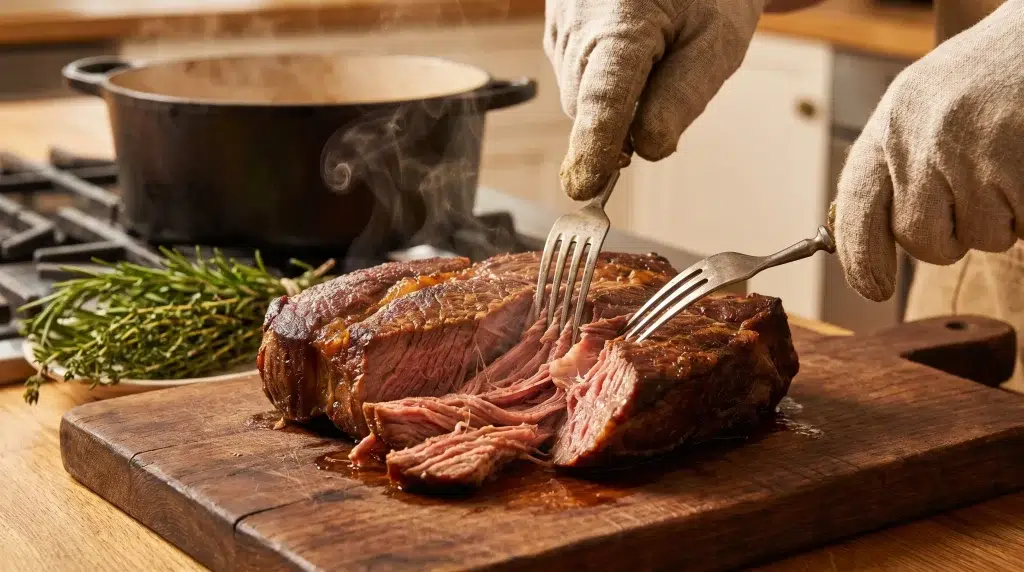 Steaming roast beef being pulled apart with forks on wooden cutting board in kitchen setting