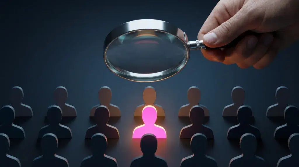 Hand holding magnifying glass over glowing pink figure among dark silhouettes in dimly lit setting