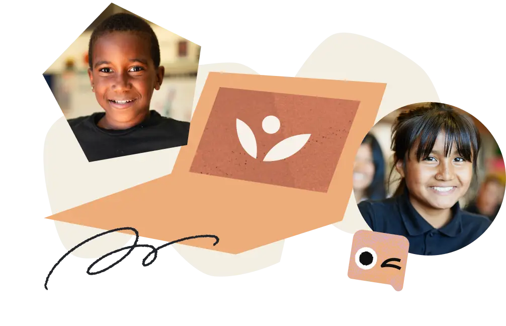 Two smiling children next to an illustrated open book with a leaf symbol