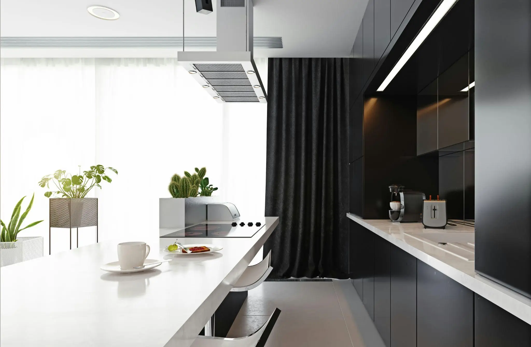 Modern kitchen with sleek black cabinets, white countertop, potted plants, and kitchen appliances under bright light