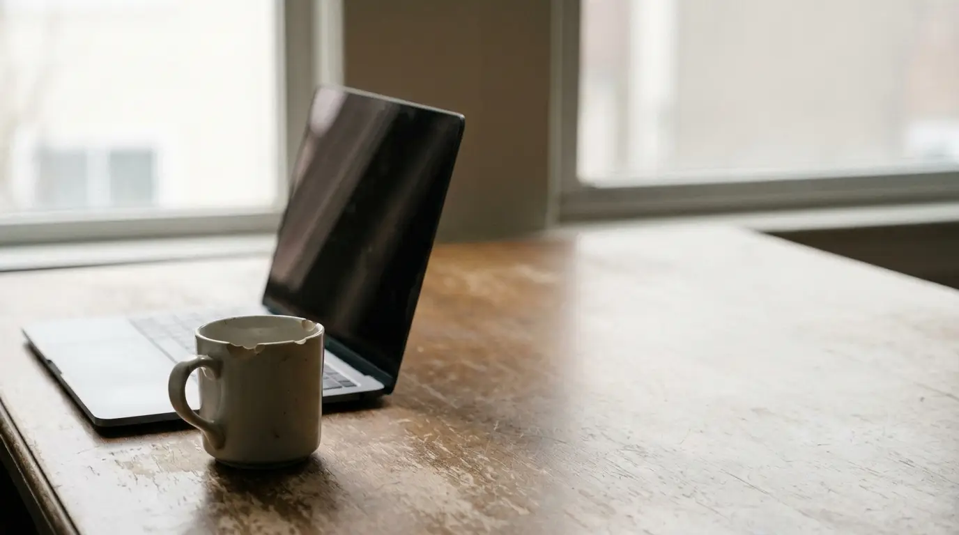 Laptop and ceramic mug on wooden table near large windows in natural light