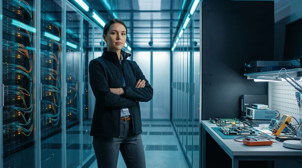 Data center technician in server room with hardware tools on workbench under blue lighting