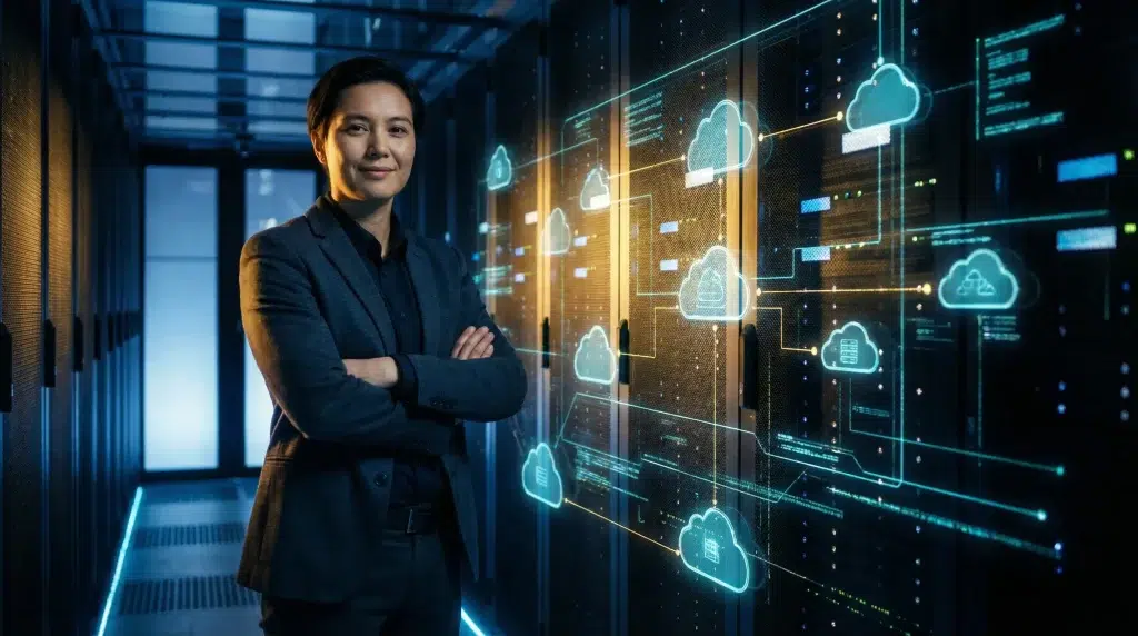 Person in dark suit standing in tech server room with digital cloud graphics