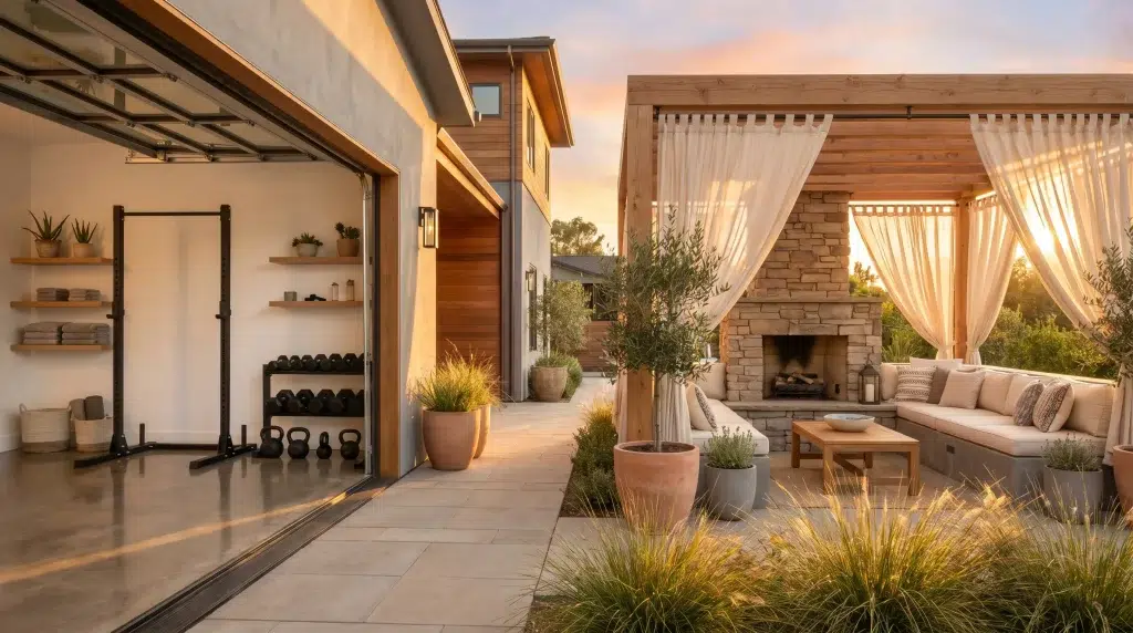 Outdoor patio with stone fireplace, comfortable seating, and adjacent modern home gym at sunset