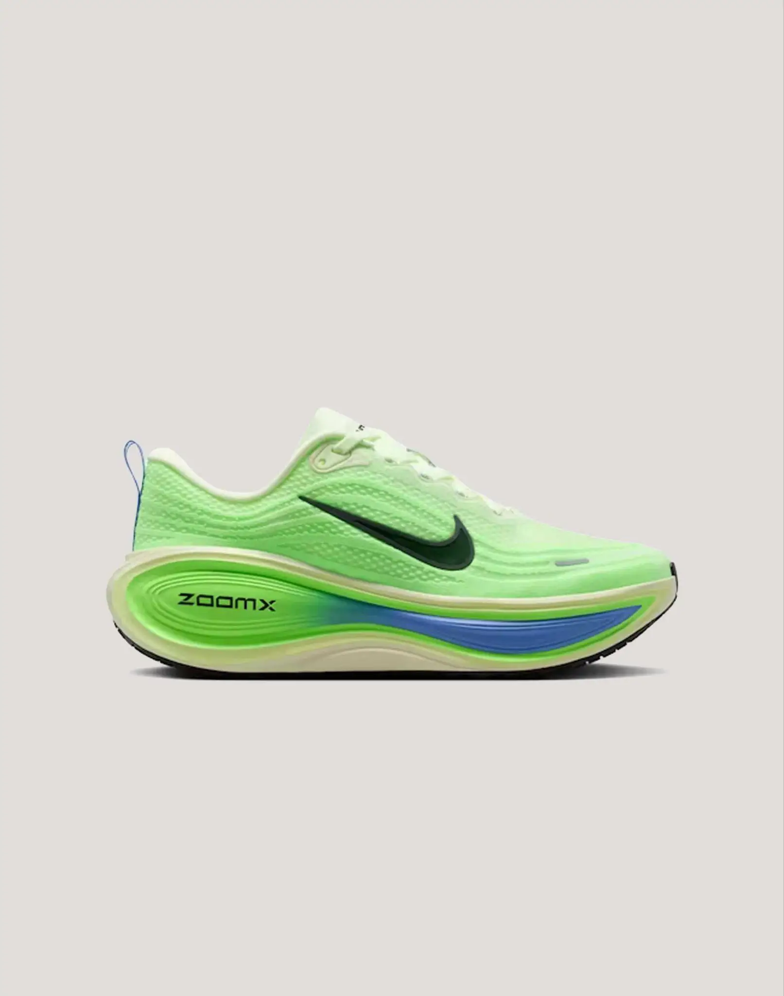 Lime green running shoe with black swoosh and blue gradient sole on light gray background