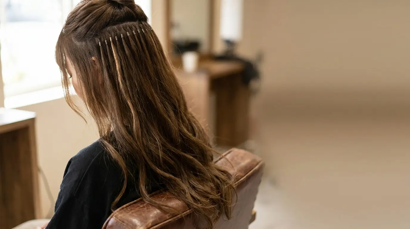 Long brown hair with microbead extensions in a salon setting