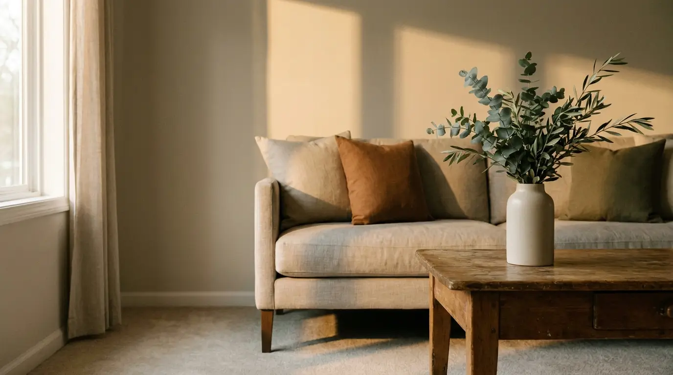 Beige sofa with brown pillows and vase of greenery on wooden coffee table in softly lit room