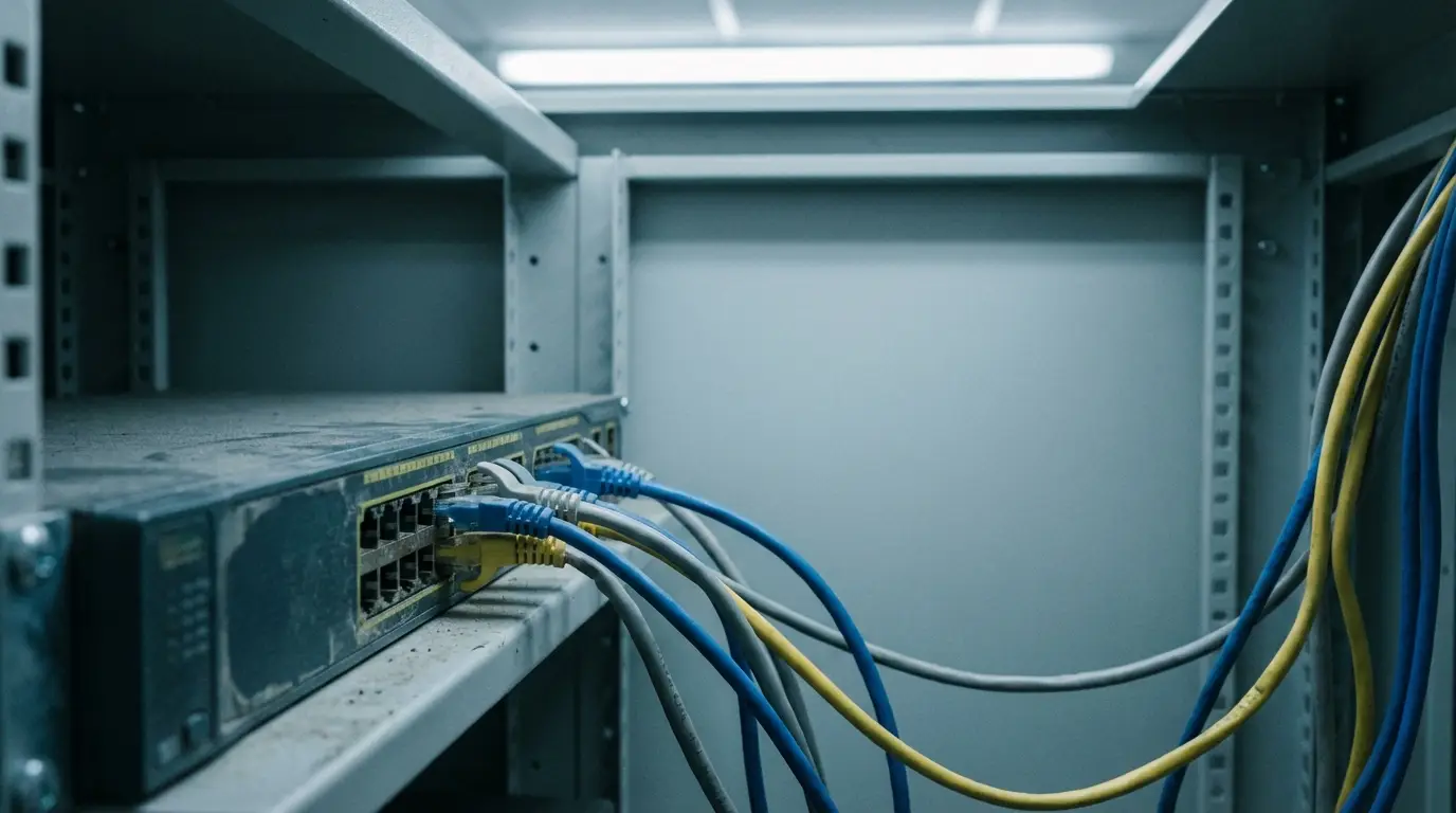 Network switch with blue and yellow cables in server room under fluorescent lighting