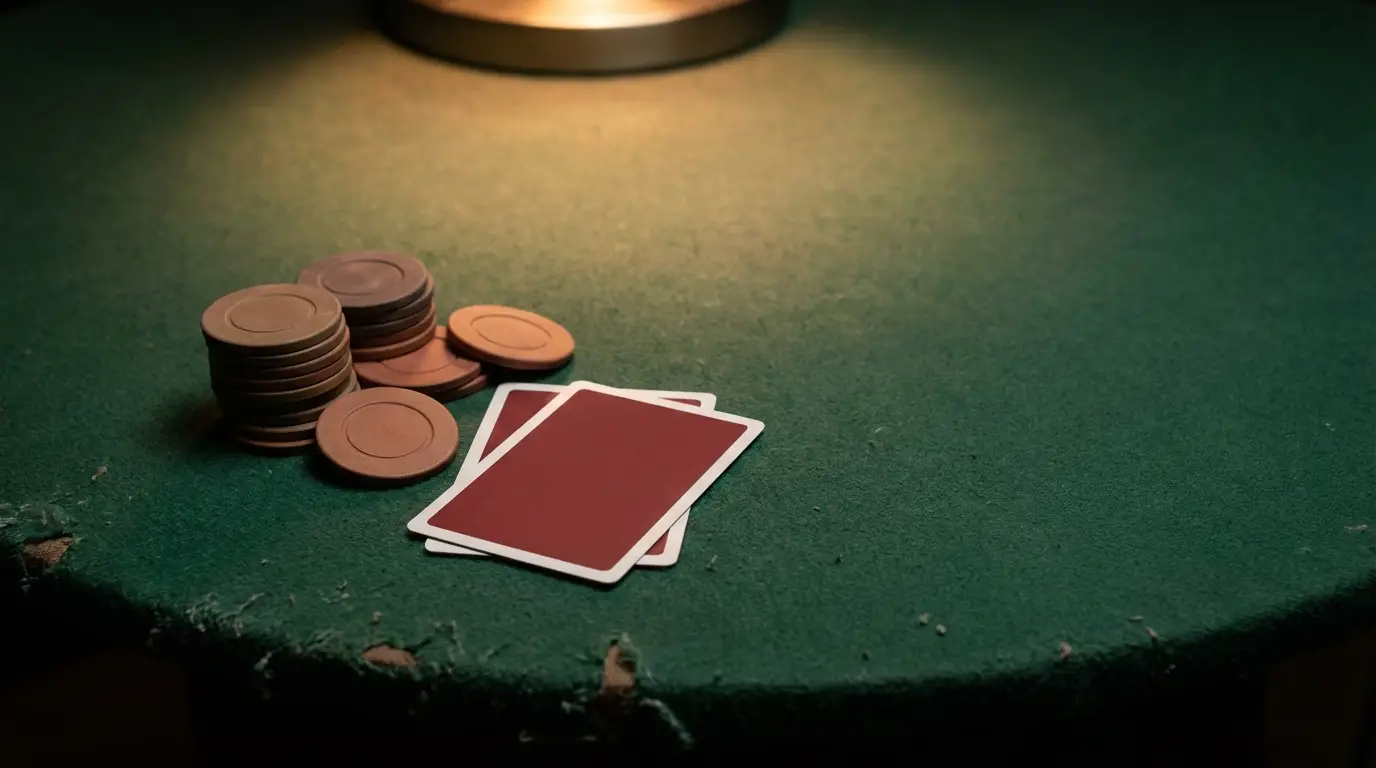 Poker chips and playing cards on a worn green felt table under warm lamp light