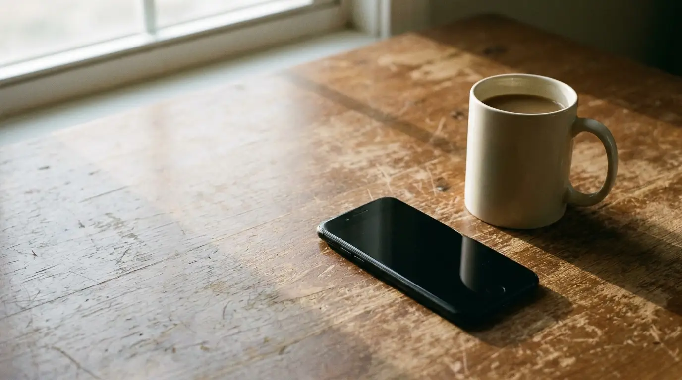 Smartphone and coffee mug on rustic wooden table near window