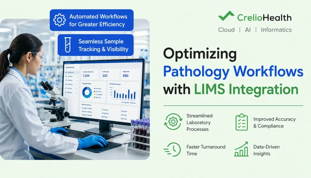 Scientist analyzing data on computer screen in laboratory setting with microscope nearby
