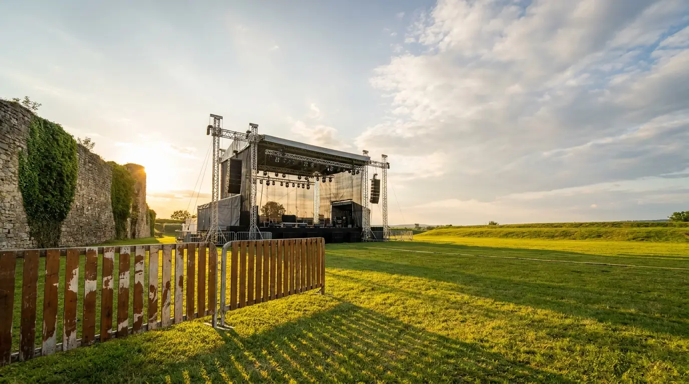 Outdoor concert stage in open green field with stone wall and warm sunset lighting