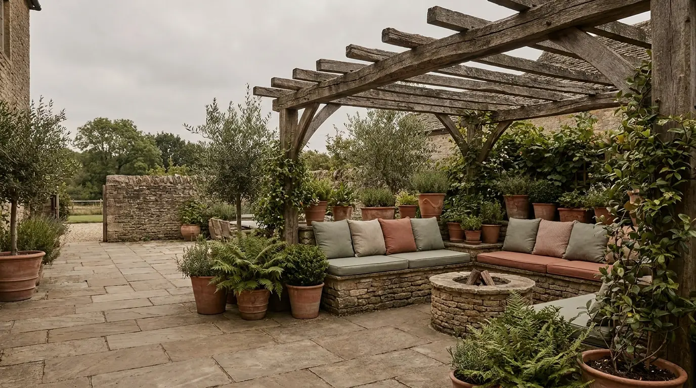 Rustic outdoor patio with potted plants, stone seating, wooden pergola, and firepit in garden setting