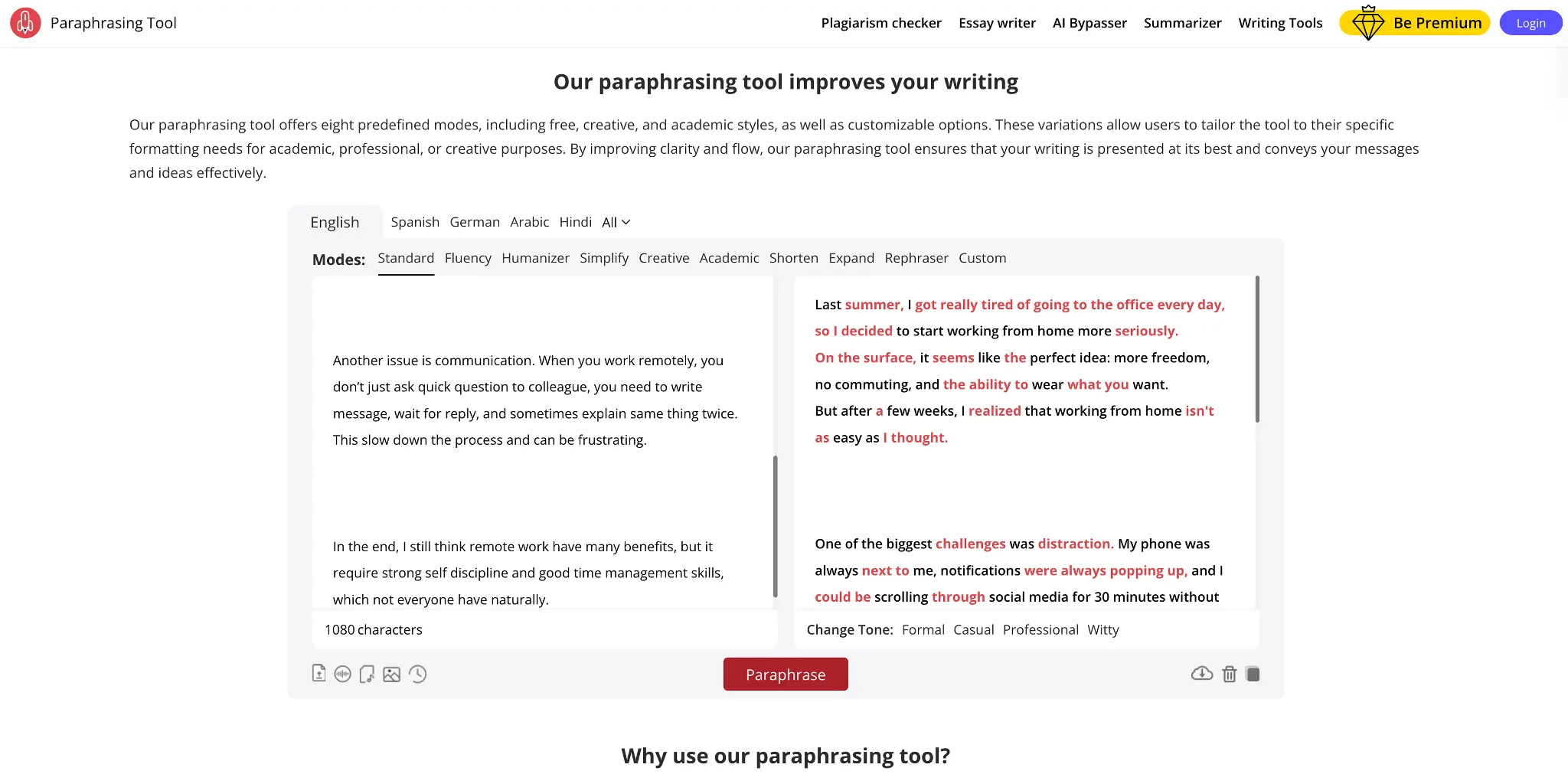 Paraphrasing tool interface with English and Spanish language options and text input and output boxes