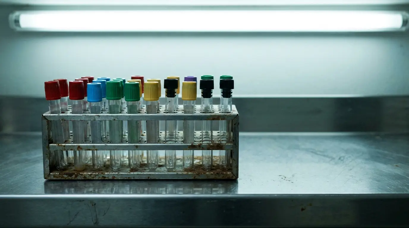 Test tubes with colorful caps in metal rack under fluorescent light in laboratory setting