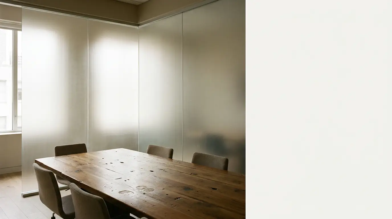 Wooden conference table with upholstered chairs in bright, minimalist office space