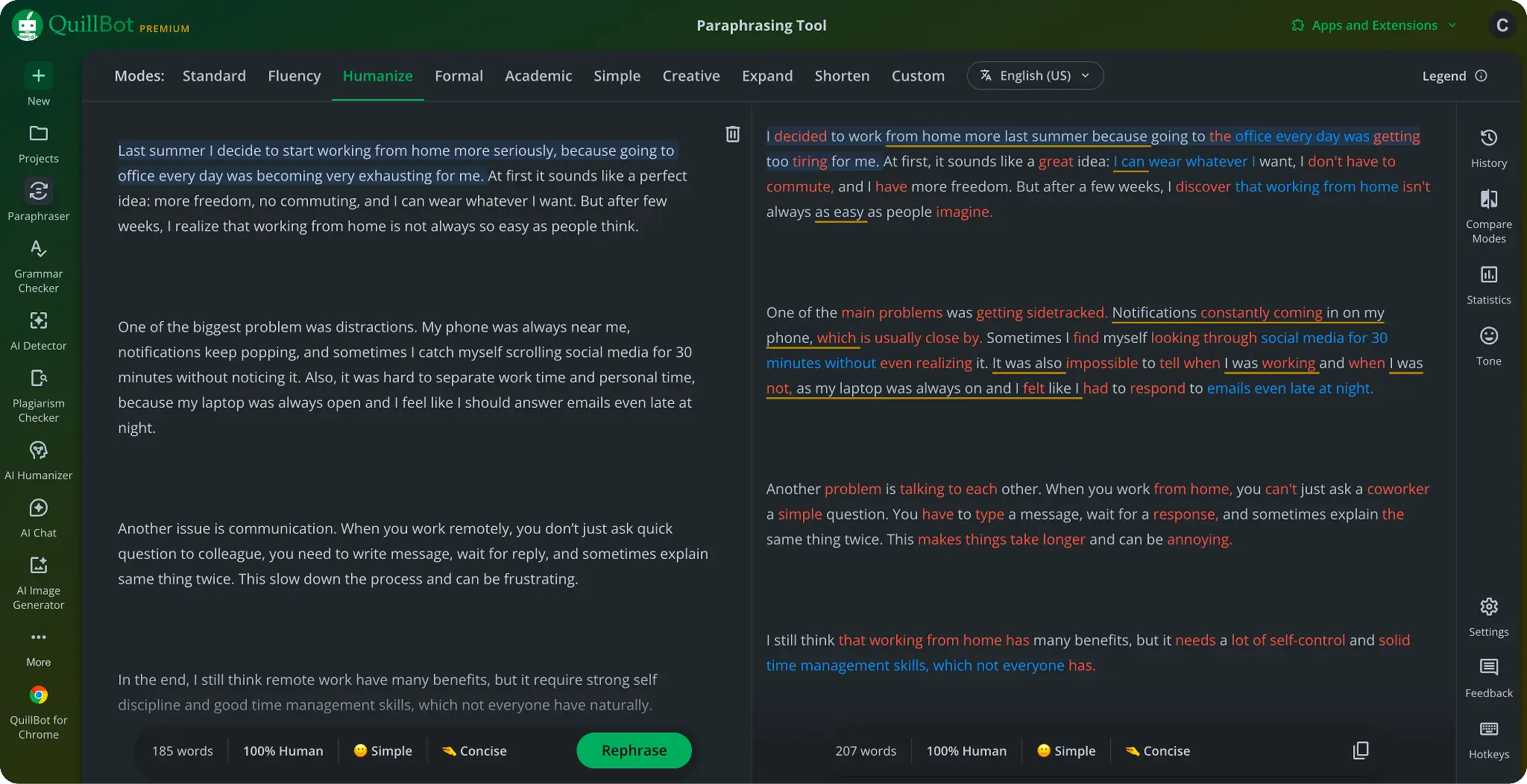 User interface of QuillBot paraphrasing tool with text about working from home displayed on screen