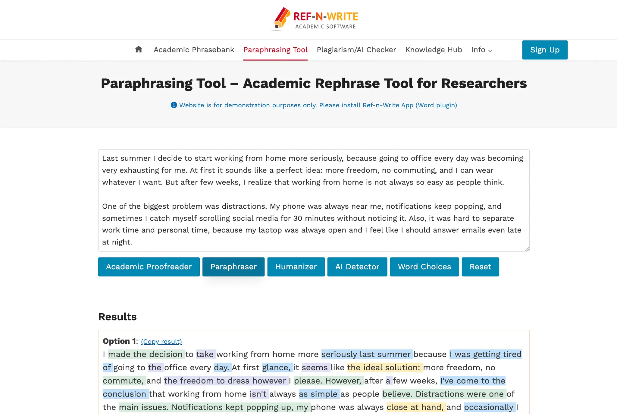 Online paraphrasing tool interface with highlighted text and various editing options