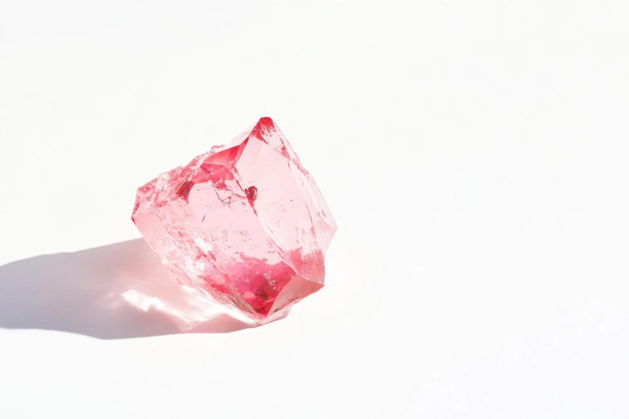 Pink crystal gemstone on white background with natural light and shadow