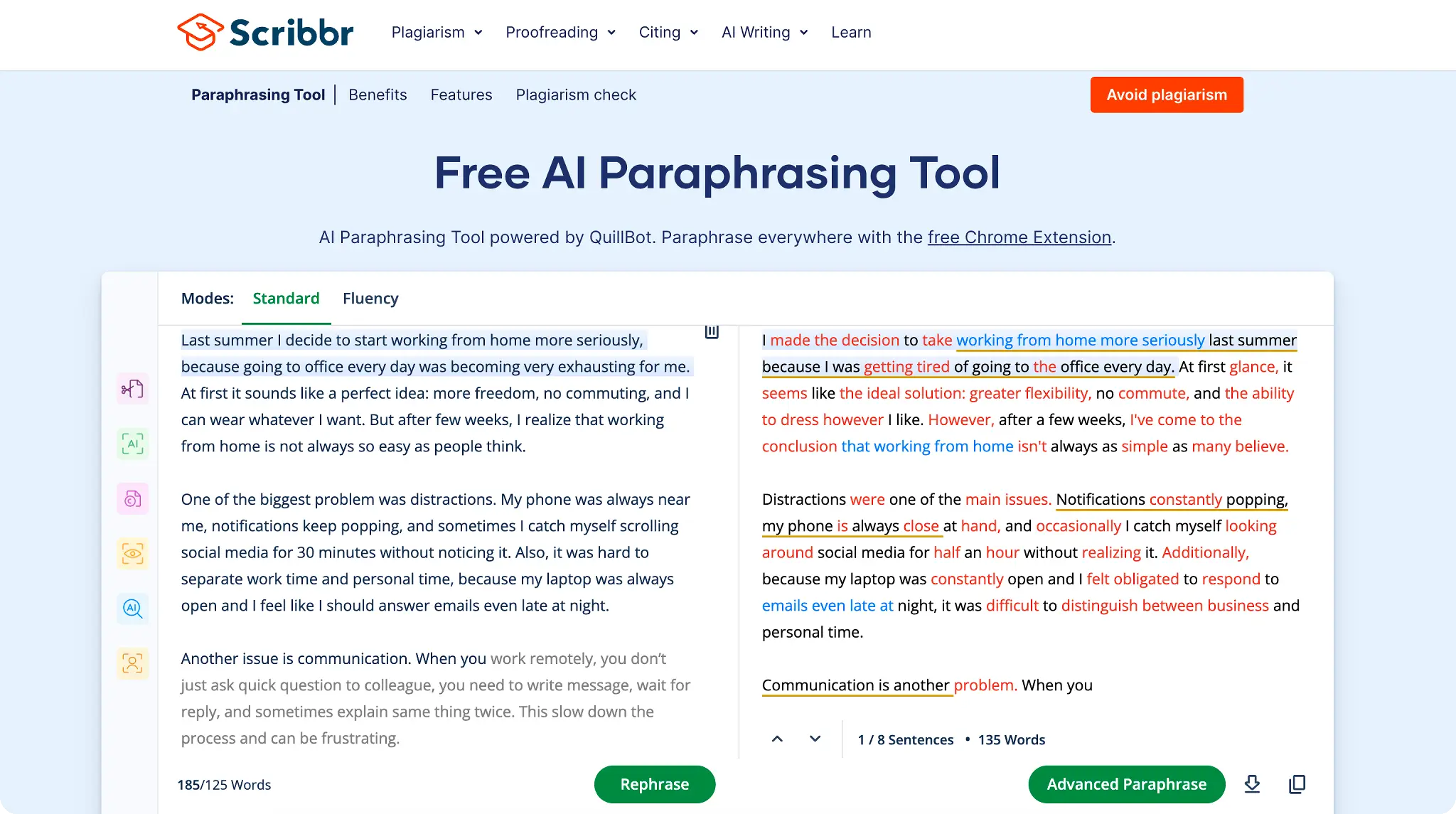 Online paraphrasing tool interface with side-by-side text comparison and color-coded edits