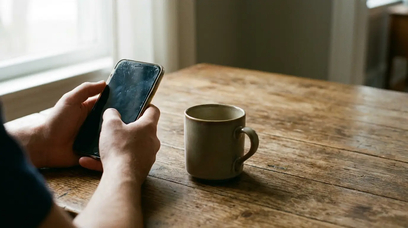 Hands holding smartphone next to ceramic mug on wooden table in natural light