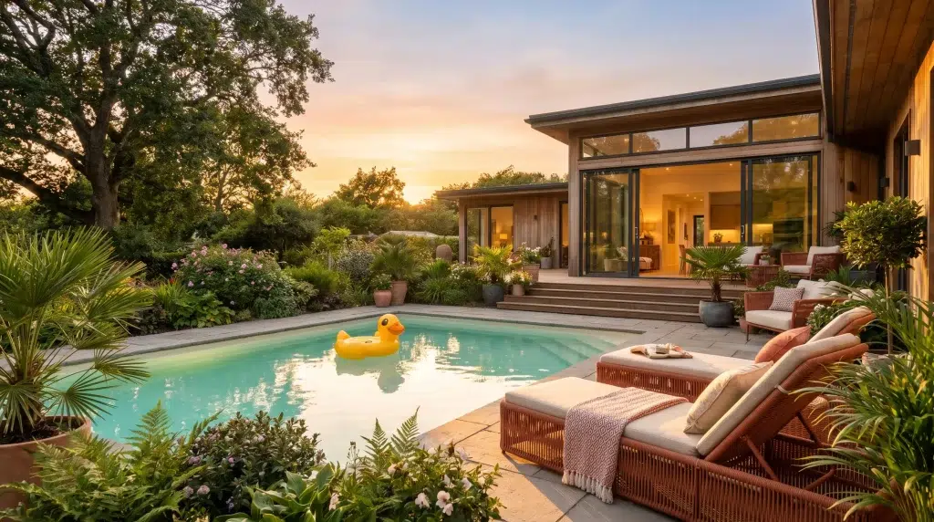 Modern backyard with pool and inflatable duck, surrounded by lush greenery and patio furniture
