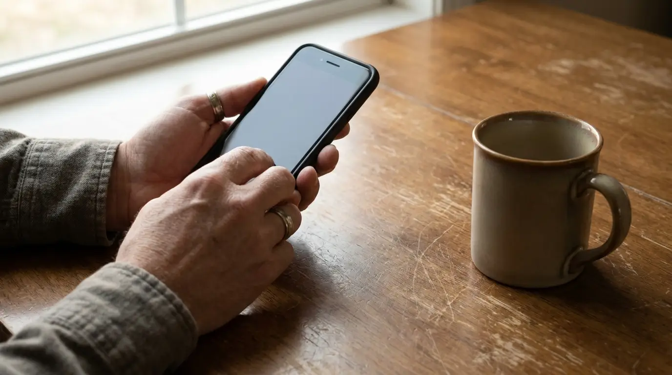 Hands holding smartphone next to ceramic mug on wooden table in natural light