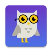 Owl with glasses on purple background in a stylized cartoon design