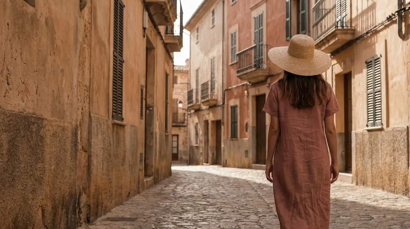 Person in pink dress and straw hat walking down narrow cobblestone street