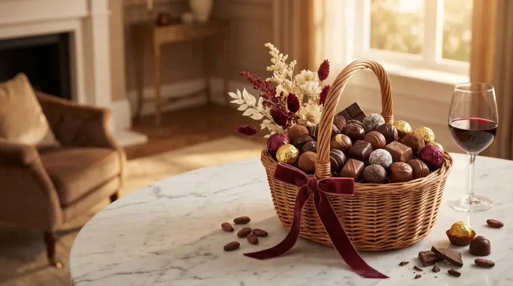 Basket of assorted chocolates with red ribbon on marble table beside glass of red wine