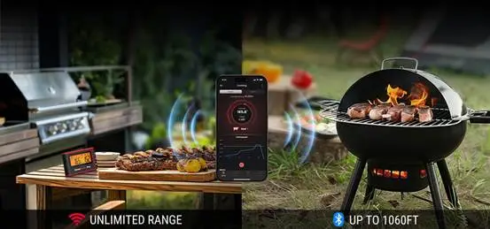 Smartphone displaying grill temperature data next to barbecue with sizzling steaks in outdoor setting