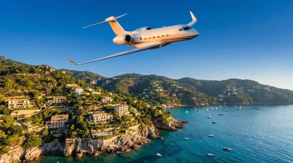Private jet flying over coastal villas and turquoise sea in bright daylight