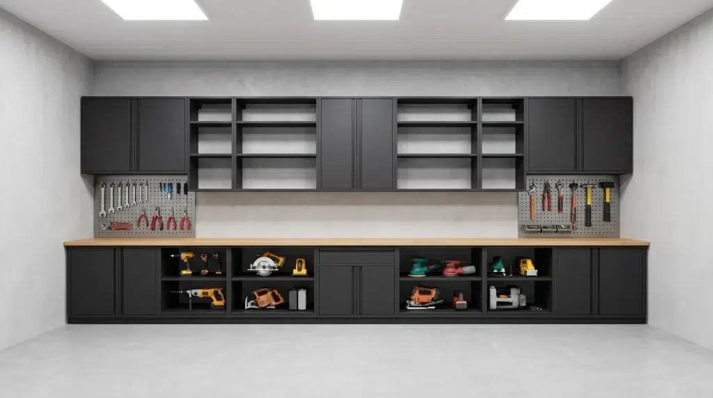 Modern workshop with wall-mounted tools and black cabinets under bright ceiling lights