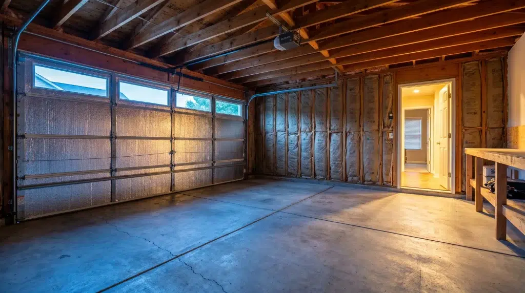 Empty garage with exposed wooden beams and concrete floor under warm interior lighting