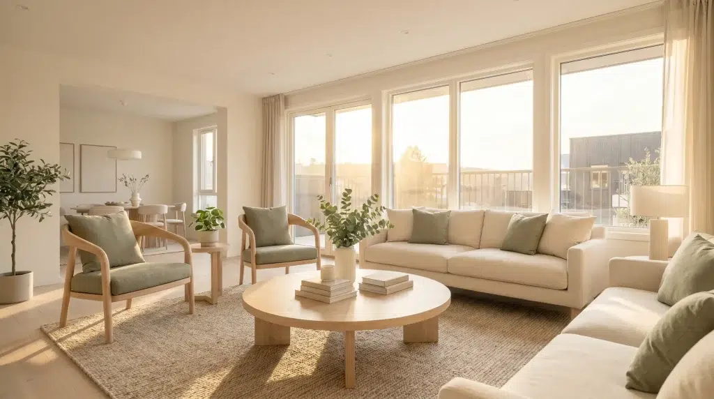 Modern living room with beige sofas, wooden furniture, and large windows letting in warm natural light
