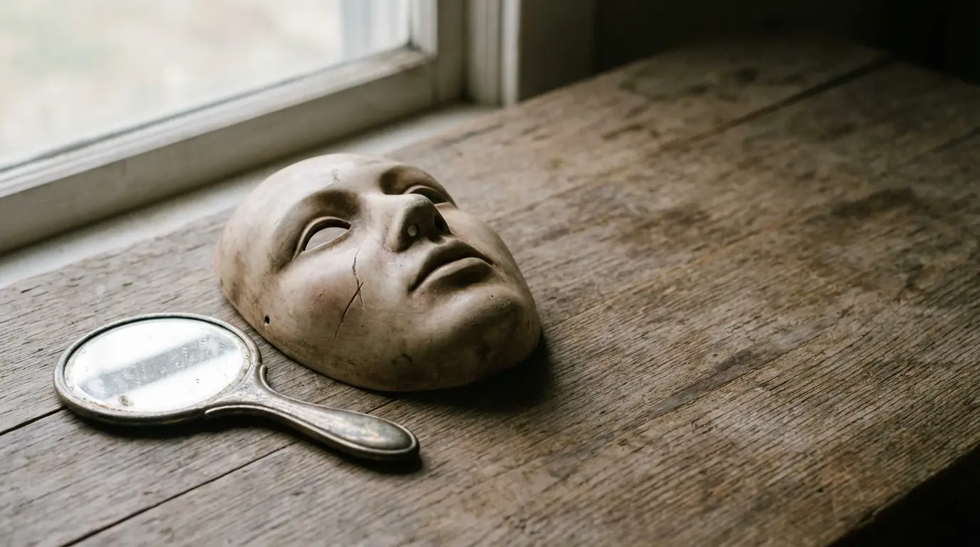 Stone mask and handheld mirror on rustic wooden surface near window