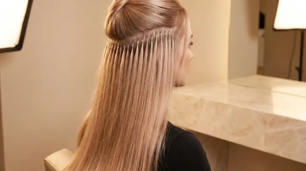 Blonde woman with hair extensions in a salon setting with marble countertop