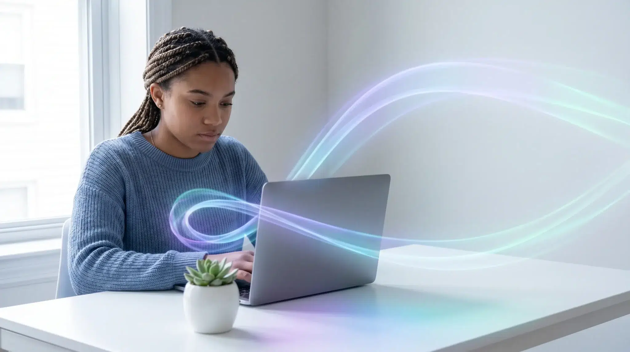 Person working on laptop with glowing digital effects in bright office setting