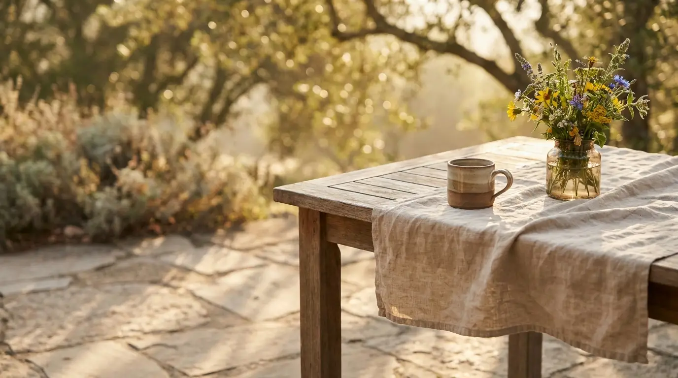 Rustic wooden table with ceramic mug and wildflowers in glass jar on bright patio