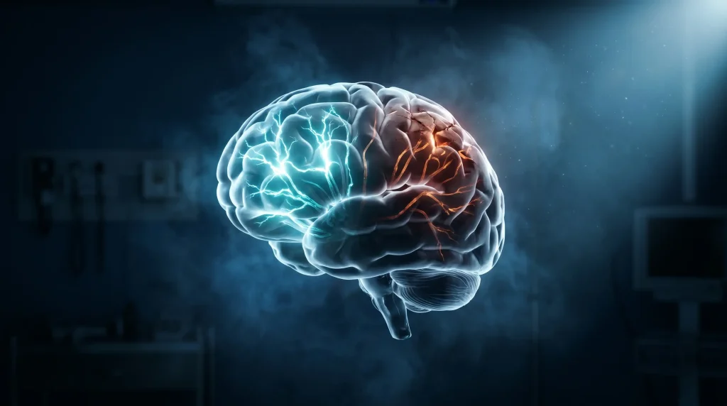 Digital rendering of a glowing human brain with blue and orange neural connections