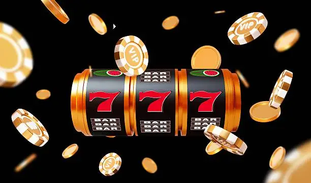 Slot machine displaying triple sevens with gold coins and chips floating against black background